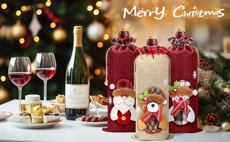 Aoonby 8Pcs Burlap Wine Bags, Drawstring Bottle Gift Bags with Santa, Snowman, Elk, Bear 3D Dolls, Reusable Christmas Wine Bottle Covers for Xmas Holiday Party Decoration - Image 5